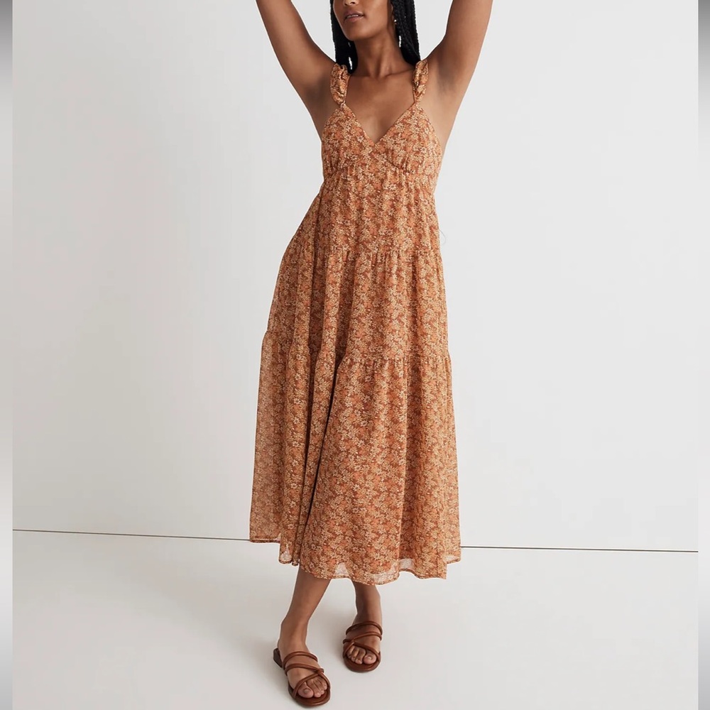 MADEWELL  Georgette Ruffle-Sleeve Tiered Midi Dress in Daisy Meadow🌺🌺